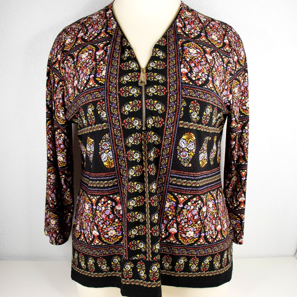 Investments Black Floral Half Front Zip Tunic Top Womens SIZE XL